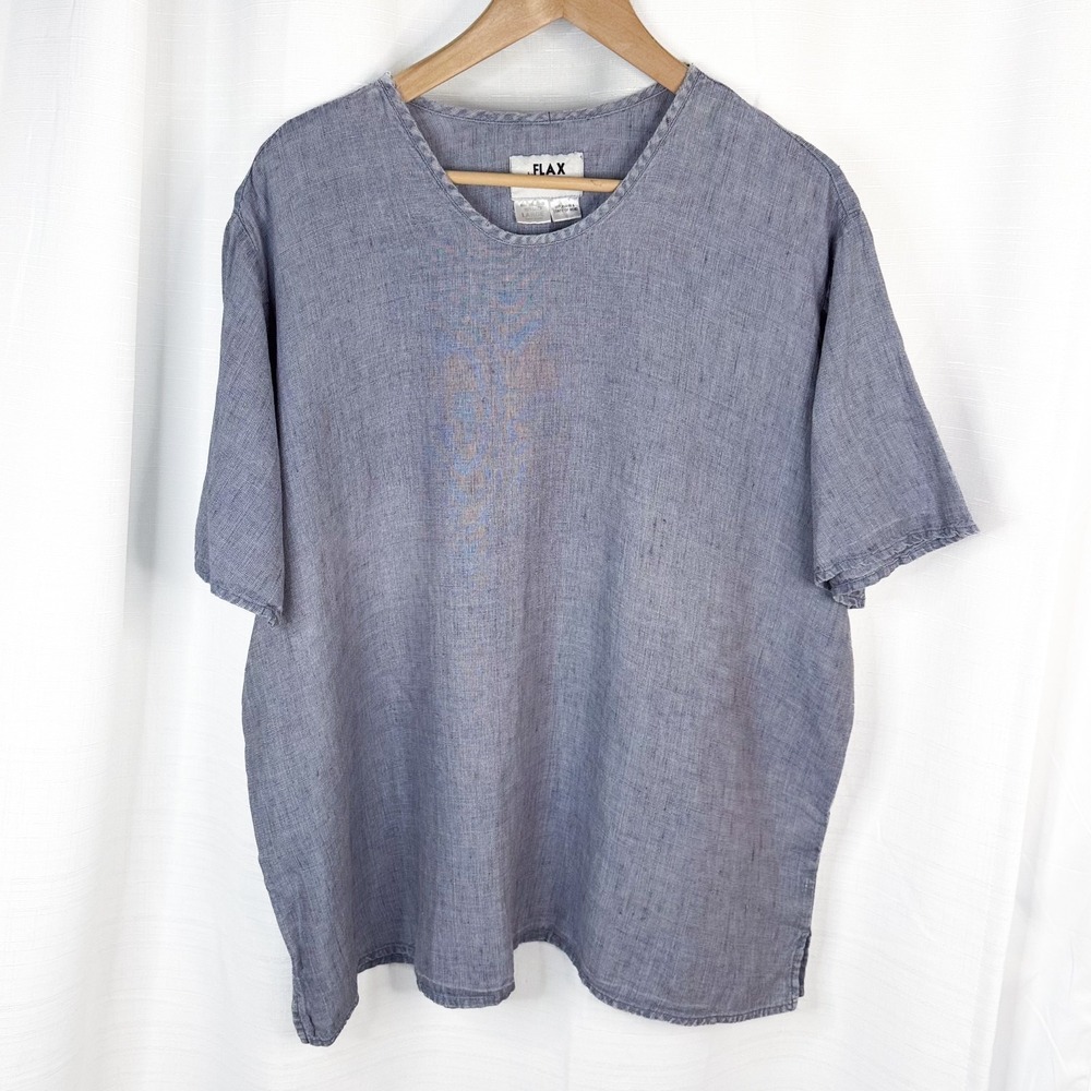 FLAX 100% Linen Tunic Top Womens L Blue Oversized Boxy Lagenlook Short Sleeve